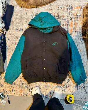 Vintage 90s Nike Basketball Varsity Hooded Jacket Black Teal